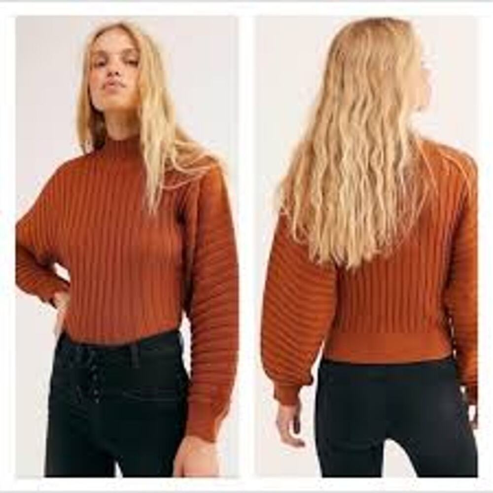 Free People Mad Chill Ribbed Mock Neck Sweater Burnt Orange Women's S